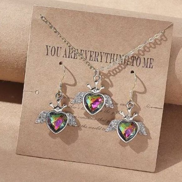 Gold Tone 3 Pcs Rhinestone Heart & Angel Wings Necklace & Earring Set - Picture 1 of 4